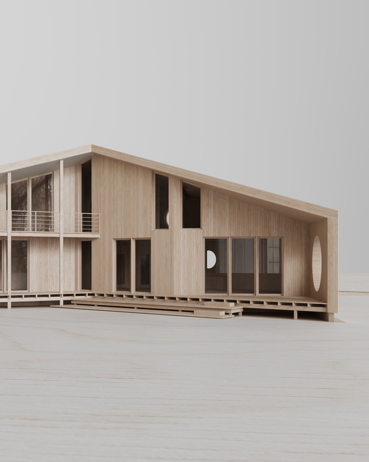 Physical model of the Wing House in pale timber, showing the sweeping roof and terrace.